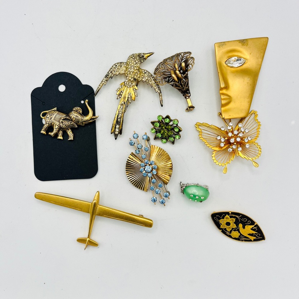 Vintage Brooch Pin Lot Modernist Face Airplane Butterfly Elephant Rhinestone 9pc